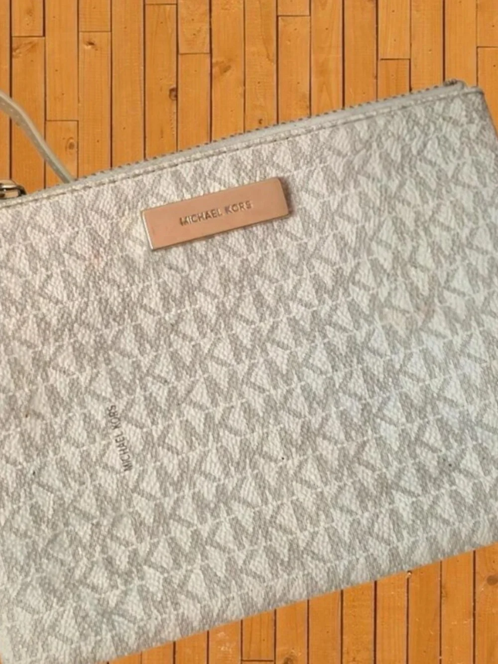 Michael Kors Light Gray MK Logo Wristlet with Gold Plate